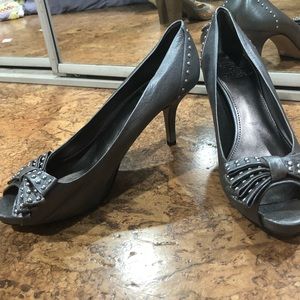 Studded Bow Peep toe Gunmetal Heels